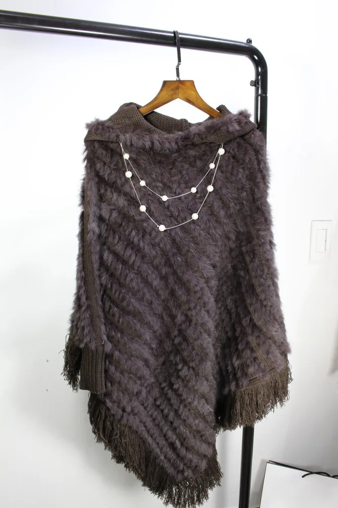 Casaco de inverno quente para as mulheres colete de pele verdadeira Pele De Coelho de tricô grande triangular xale casaco capa com cap colete de pele cinza Preto