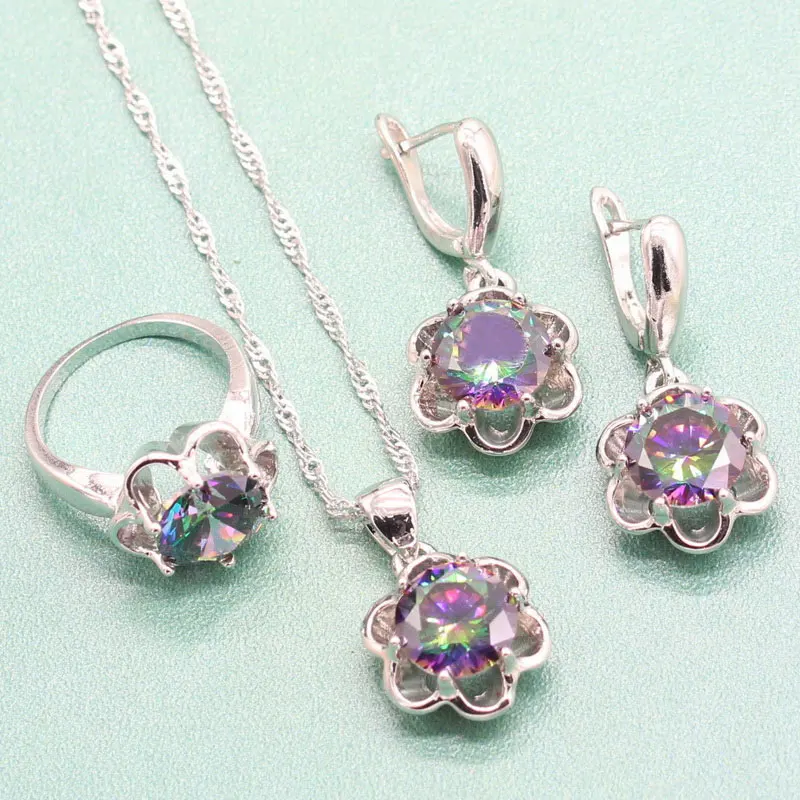 

EIOLZJ Multicolor Semi-precious Stone 925 Sterling Silver Jewelry Sets For Women Pendant Necklace Ring Earrings Free Jewelry Box