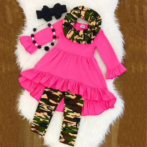 

Fashion Kids Girls Princess Dress Outfits Long Sleeve Solid Loose Blouse Dress+Camo Leggings Clothes Set