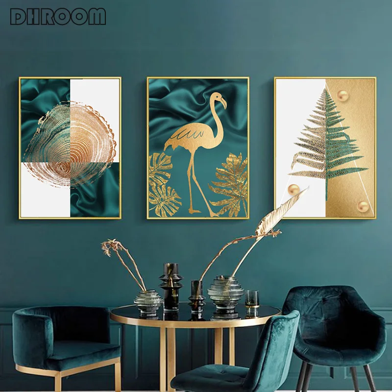 

Canvas Painting Light Luxury Golden Plant Modern Minimalistic Flamingo Posters and Print Abstract Nordic Decorative Wall Picture