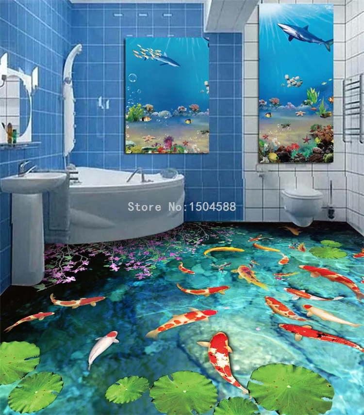 Пользовательские 3D Настенные обои классические водоёмы Карп напольная плитка наклейка Ванная Кухня ПВХ водонепроницаемый самоклеющиеся пол обои