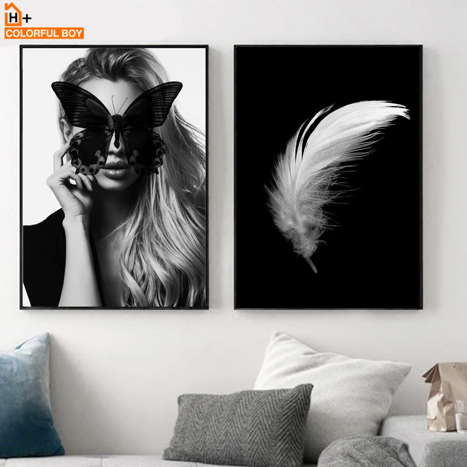 

Butterfly Girl Feather Wall Art Print Canvas Painting Nordic Posters And Prints Black White Wall Pictures For Living Room Decor