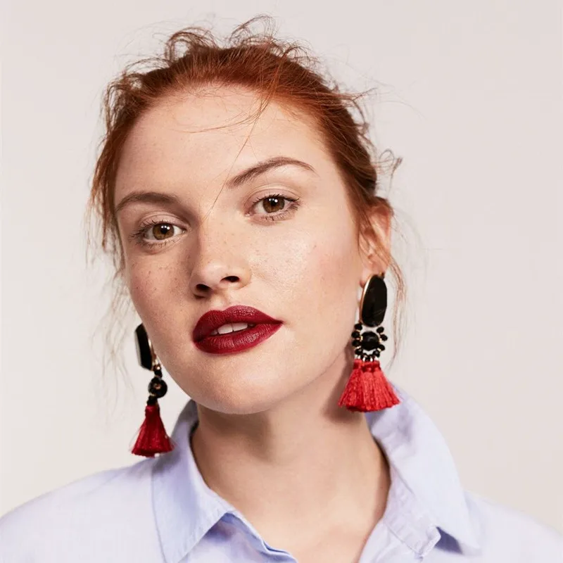 

JURAN 2019 big stone Tassel Earring boho luxe statement fashion fringed statement drops earring Fringing earrings jewelry