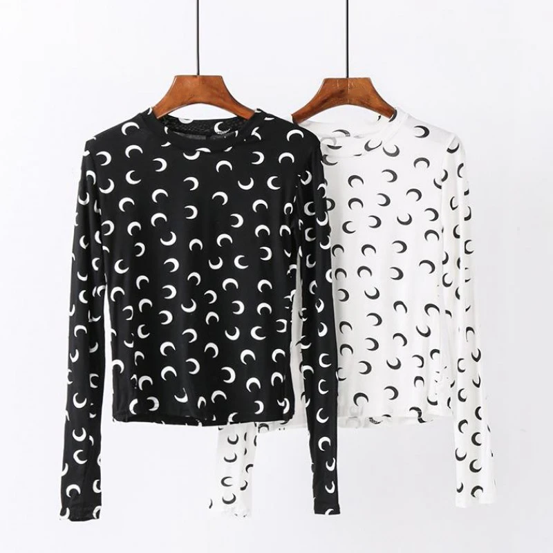 

women black white full sleeve moon print top t shirt high street o neck long sleeve tee fall autumn korean