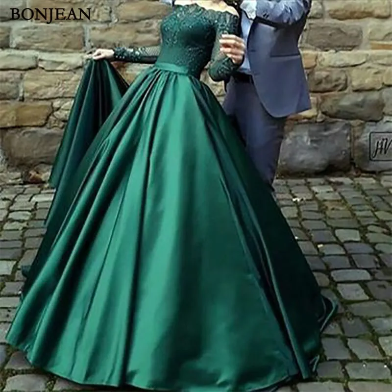 Modest dark green party dress, off the shoulder prom dresses ,prom dress with long sleeves, evening gowns with lace, a line party