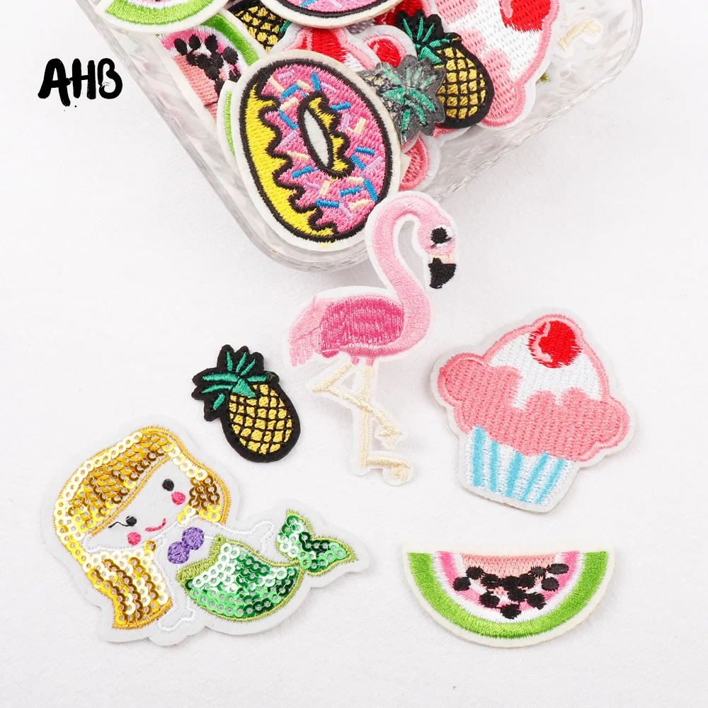 

AHB Iron-On Patches Embroidered Summer Flamingo Reversible Mermaid Sequins Patches Clothing Stickers DIY Applique Patches 10PCS