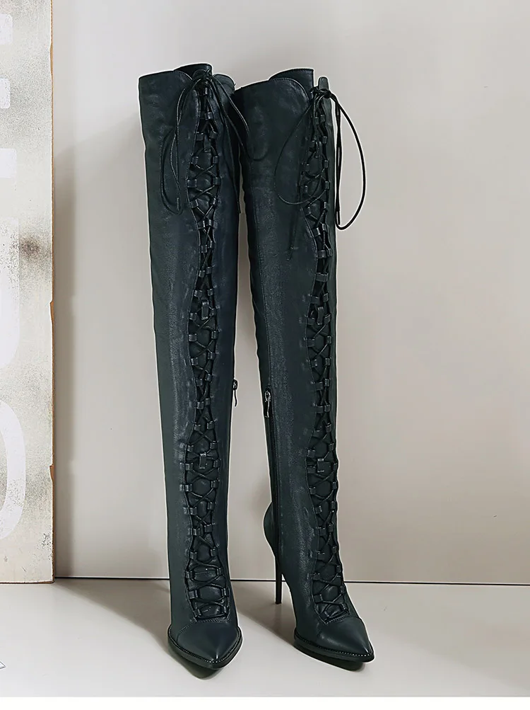 Phoentin/женские кожаные сапоги до бедра на молнии со шнуровкой; коллекция года; сапоги на высоком тонком каблуке 10 см; Черные Высокие Сапоги выше колена; FT507
