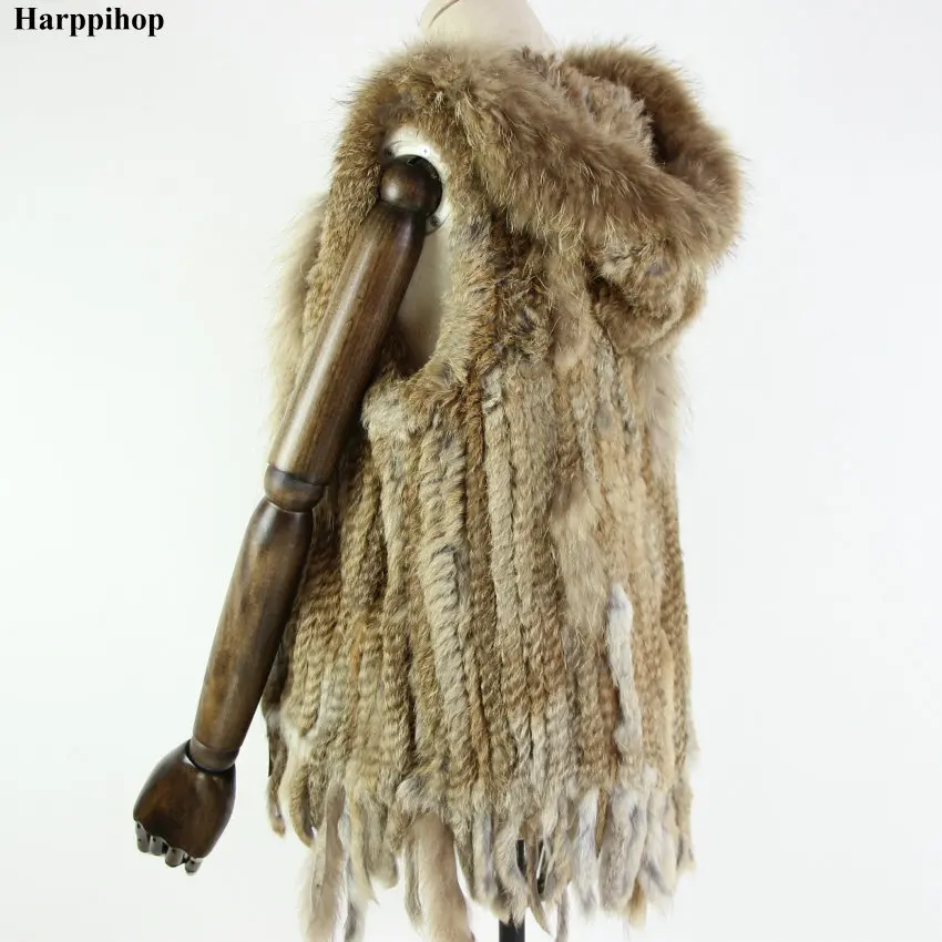 

Harppihop fur New natural Fur Vest Genuine Rabbit Fur Knitted Gilet with Hooded Long Coat Jackets Women Winter V-211-05