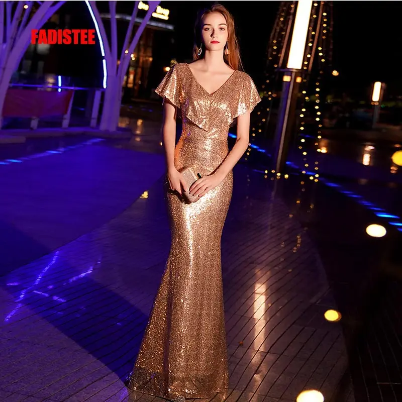 FADISTEE Новое поступление Вечерние Элегантные Выпускные платья Vestido de Festa Robe De Soiree сексуальные блестящие золотые блестки Русалка v-образный