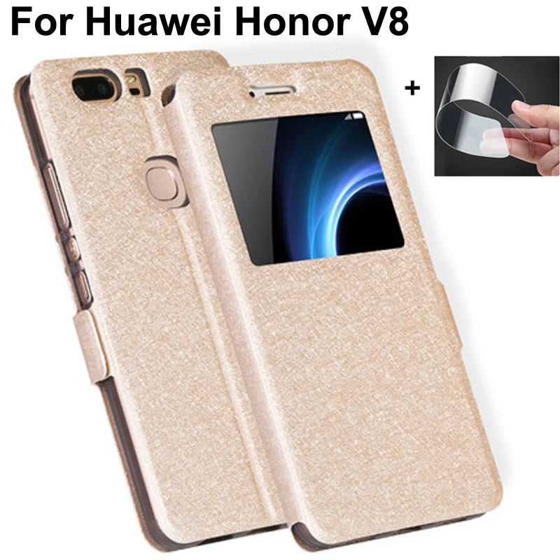 Кожаные флип чехлы с открытым окошком для HuaWei Honor V8 чехол бампер View 8 View8 задняя