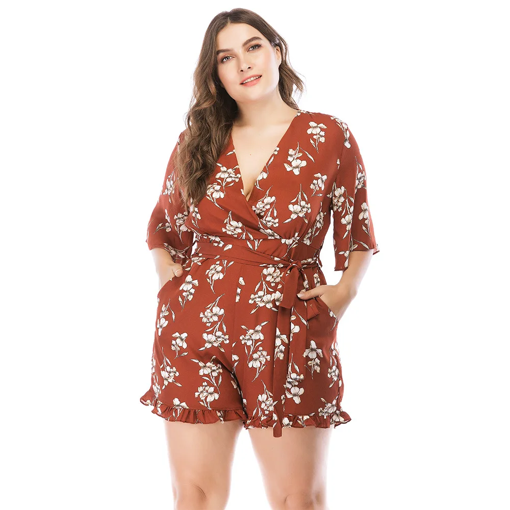 

Ruffled Jumpsuits for Women Summer Women Jumpsuit Short Plus Size 5XL Printed Flower Playsuits monos de verano para mujer