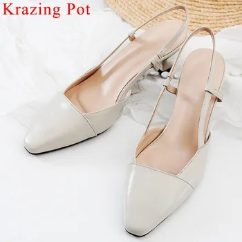 

2019 New Arrival Woman Sandals Slingback Pumps High Heels Square Toe Cow Leather Slip On Brand Party Vocation Clubwear Shoes L69