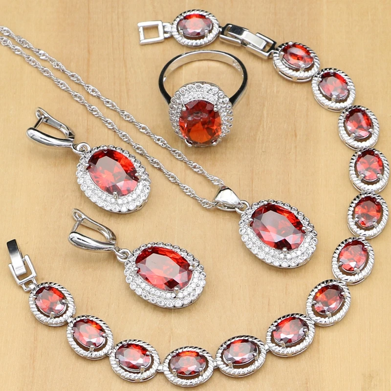 925 Sterling Silver Jewelry Set Red Cubic Zirconia White Crystal For Women Wedding Earrings Ring Bracelet Dubai Necklace | Украшения и