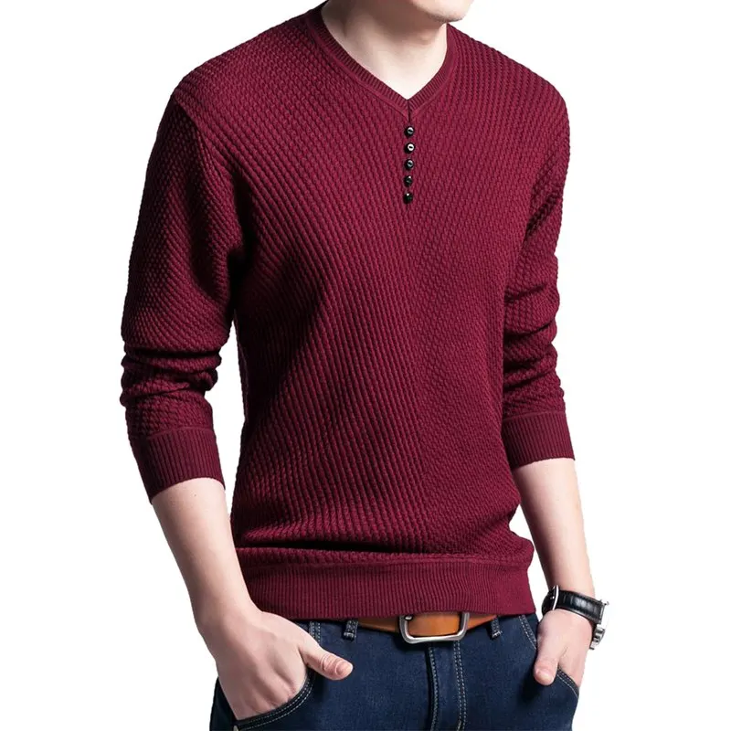 HEFLASHOR осенний Однотонный свитер на пуговицах, модный Мужской Повседневный пуловер с v-образным вырезом, мужской теплый облегающий свитер с длинным рукавом, мужские вязаные свитера