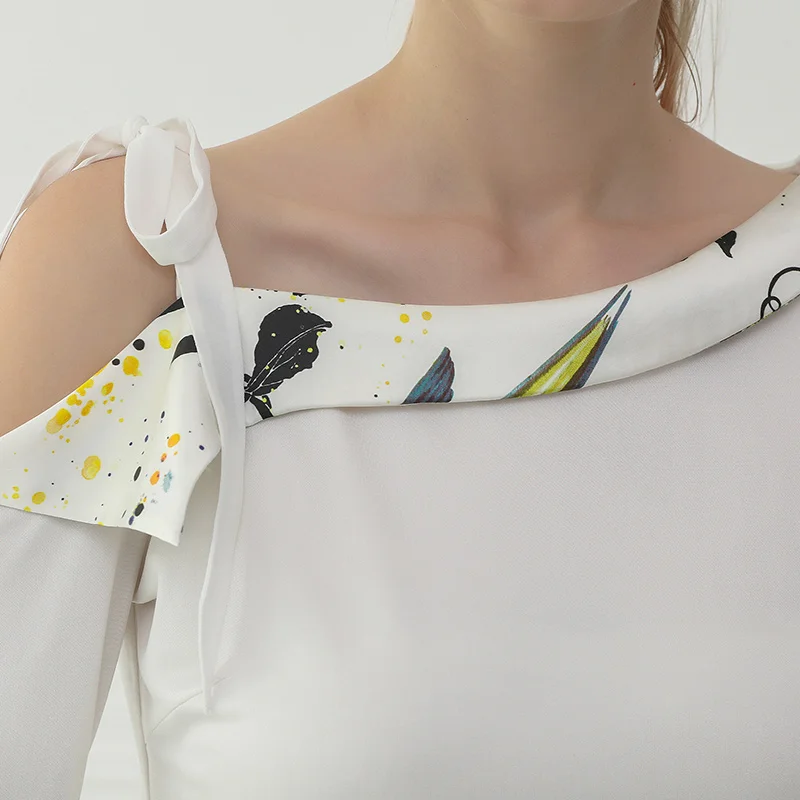 VOA Silk Knit T Shirt Autumn Long Sleeve White Office Ladies Tops Sexy OFF Shoulder Tee Women Sashes Bow Sweet Large Size B759 Tops