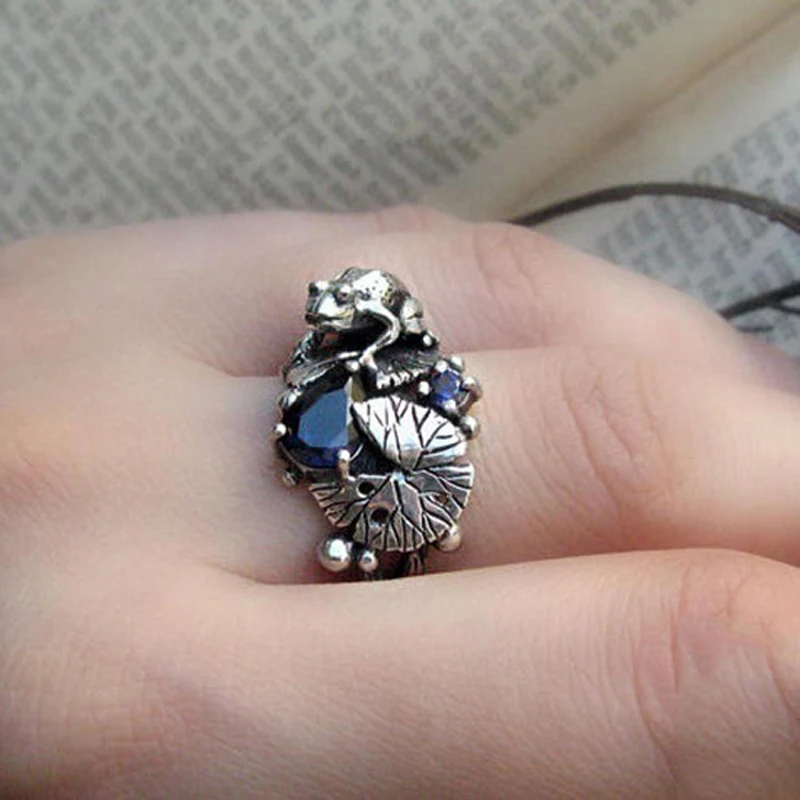 Винтажное серебряное кольцо в виде листьев лотоса и лягушки для женщин, креативное уникальное кольцо на палец, инкрустированное голубым цирконием, ювелирное изделие, bague femme, размер 6-10