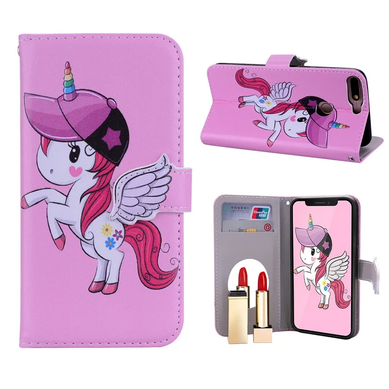 Phone Case For Huawei Y5 Y6 Y7 Prime 2018 Wallet Unicorn PU Leather Flip Cover Mirror Girl Coque Fundas | Мобильные телефоны и
