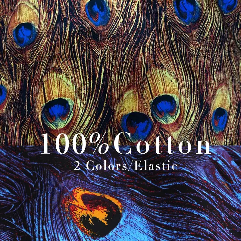 

LEO&LIN Retro Peacock Feather Printed Yellow Gold/Blue Elastic Satin Exclusive Patchwork Cotton Fabric Tissus 50cm 50%OFF