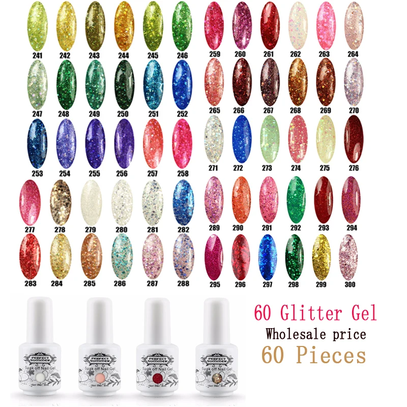 

Perfect Summer Wholesale 8ml Glitter Diamond UV Gel Polish 60Pcs Soak Off Nail Art Manicure Sparkles UV Nail Gel Varnish Set