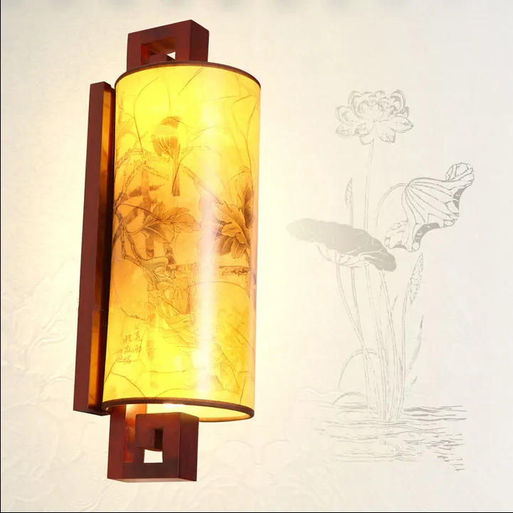 Modern chineses red carved wood art wall lamps antique style yellow PVC shade E27 LED lamp for bedroom&porch&stairs LMJBD002