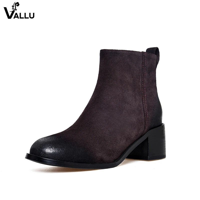 

Cow Nubuck Leather Women' s Ankle Booties Round Toe Block Heel Lady Casual Boots Zip Outdoor Low Cut Modern Female Shoes