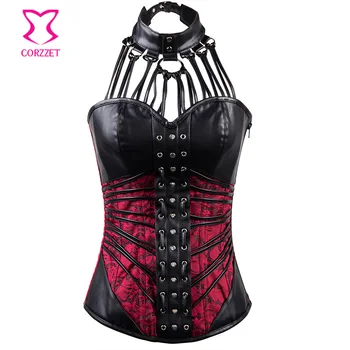 

Red Floral Brocade And Black Leather Steampunk Corset Gothic Espartilhos E Corpetes Corsets And Bustiers Sexy Burlesque Costume