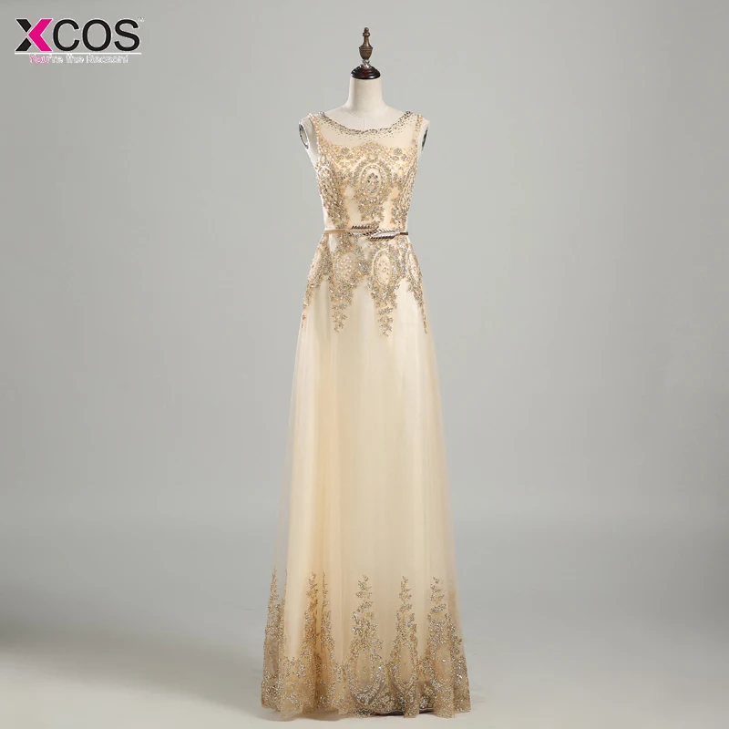 

2017 Tulle Lace Muslim Gold Evening Dress Long Beading Formal gown Prom Embroidery Robe de Soiree Mother of the Bride Dresses