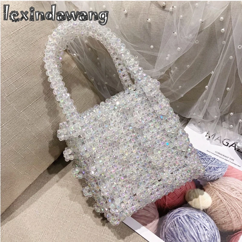 

Crystal Beads Handmade Lady Tote Bags Fashion Design Women Box Purses Glitter Pearl Top-handle Flower Purses Vintage Retro Bling