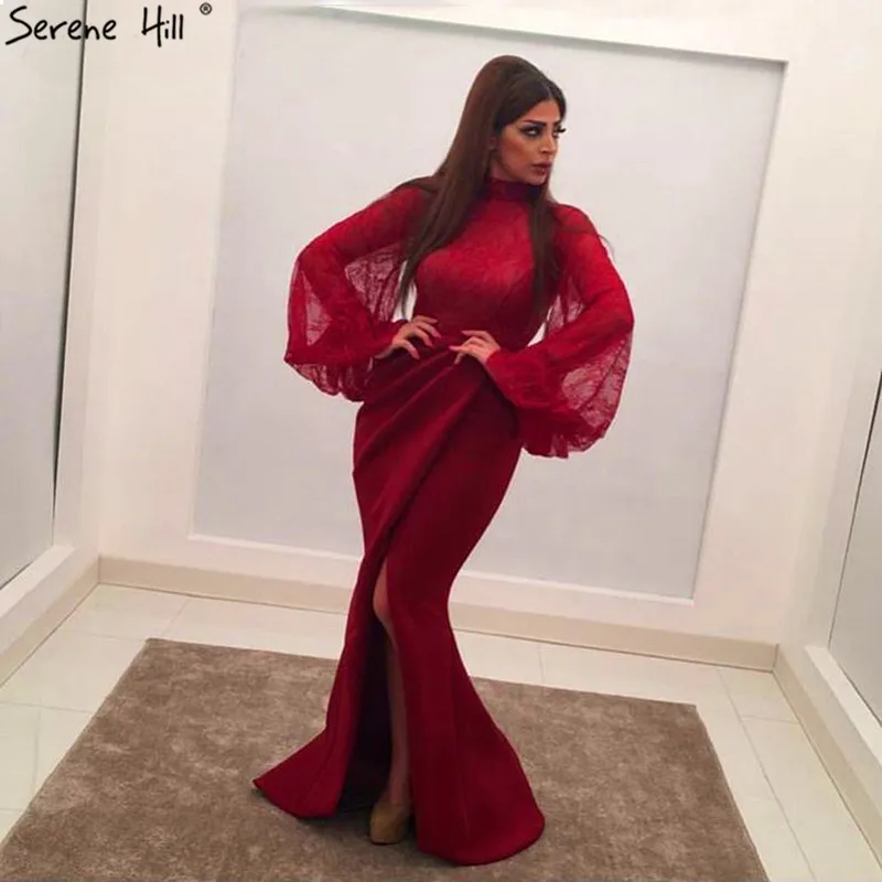 Wine Red Long Sleeves Lace Evening 