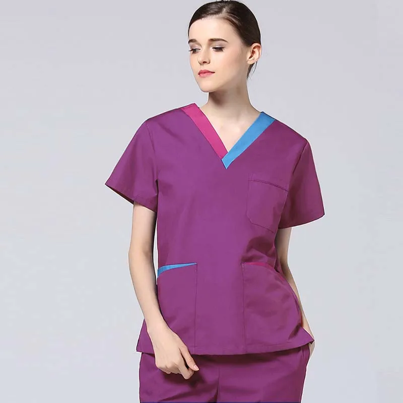 Женская мода скрабы набор V Шеи Контрастного Цвета медицинская Униформа топ+ брюки