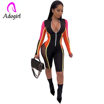 

Adogirl color patchwork long sleeve moto suits front zipper lady sports jumpsuits short straight pants hiking sporting sets