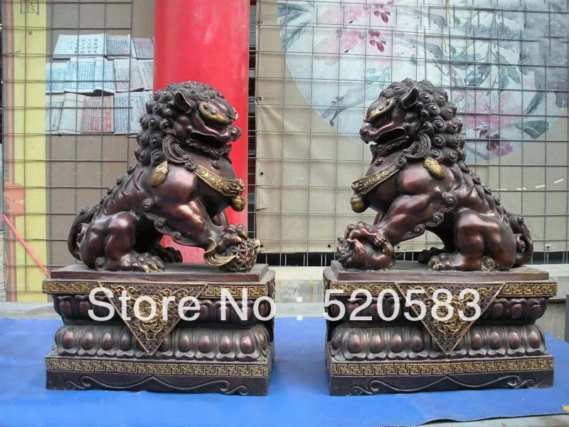 1" Огромный Китайский красный чистый Бронзовый защитник собака пара львов, статуэтка