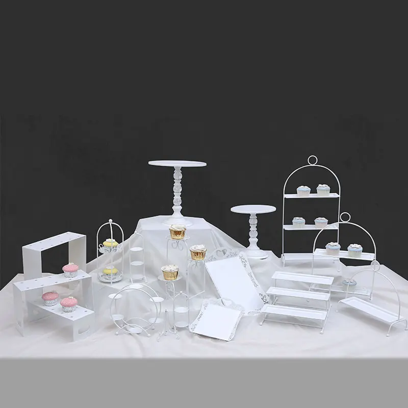 

White dessert table decoration wrought iron birthday cake stand set