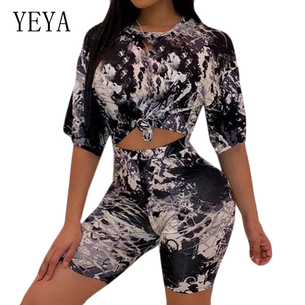 

YEYA Two Pieces Sets O-neck Top+skinny Pants Elegant Vintage Print Hollow Out Jumpsuits Women Summer Retro Romper Overalls
