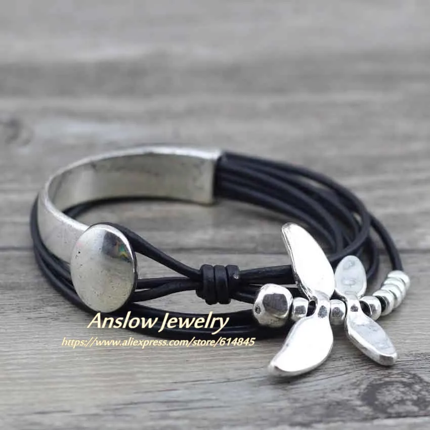 Anslow Креативный дизайн модные ювелирные изделия Drongfly wrap кожаный браслет для женщин мужчин подарок на Рождество LOW0582LB - Окраска металла: black