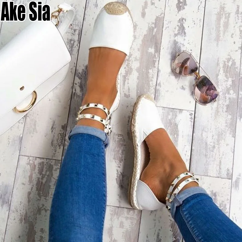 

New Women Lady Fashion Straw Plaited Toe Ankle Buckle Plenty Rivets Sandals Casual Mujer Flat Fisherman Sandals Shoes Homme A669
