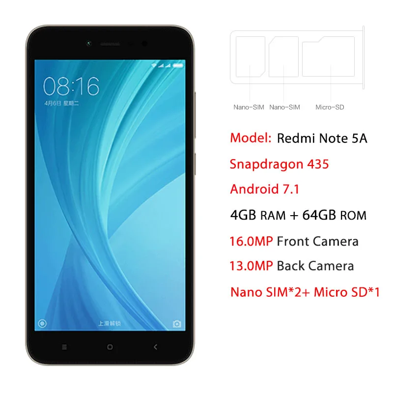 Xiaomi Redmi Note 5A премьер 64 ГБ Встроенная память 4 Оперативная Snapdragon 435 Процессор
