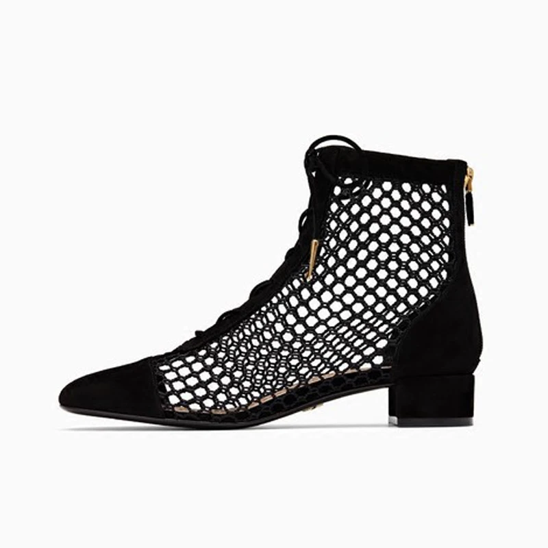 

NAUGHTILY Lace Up Women Boots Mesh Cutouts Chunky Heel Summer Sandals Boots Sexy Cross Strappy Gladiator Sandalias Mujer