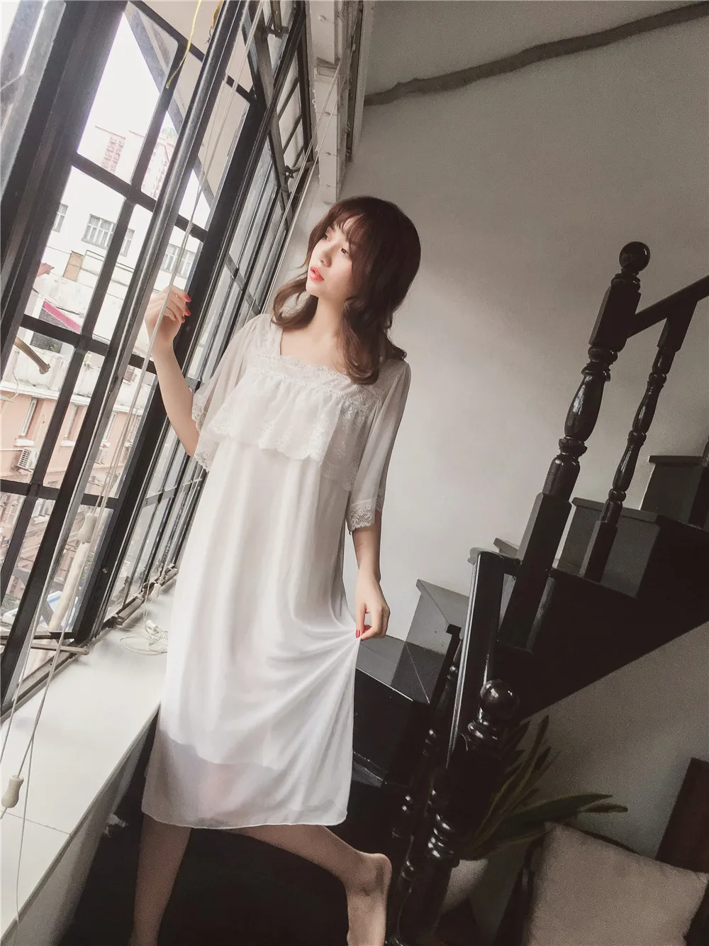 

Women's Lolita Dress Mesh Princess Sleepshirts Vintage Palace Style Voile Lace Nightgowns.Victorian Nightdress Sleep Loungewear