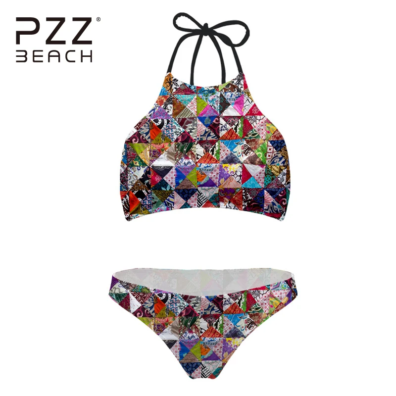 

2018 Geometric Print Women Swimwear High Neck Bikini Set Monokini Bathing Suits Brazilian Bikinis Push Up Swimsuit Thong