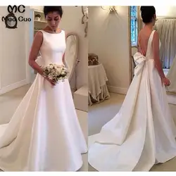 Элегантные линии 2018 свадебное платье с открытой спиной с бантом без рукавов развертки Поезд атласная белое свадебное платье