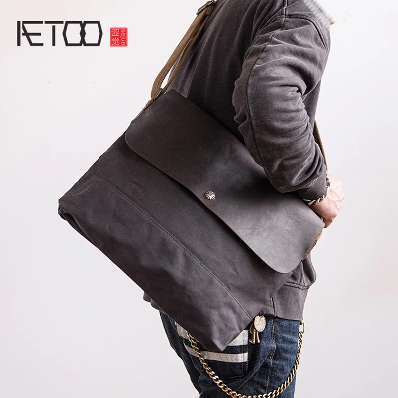 

AETOO Retro oil wax canvas bag stitching crazy horse leather men's Messenger bag shoulder bag