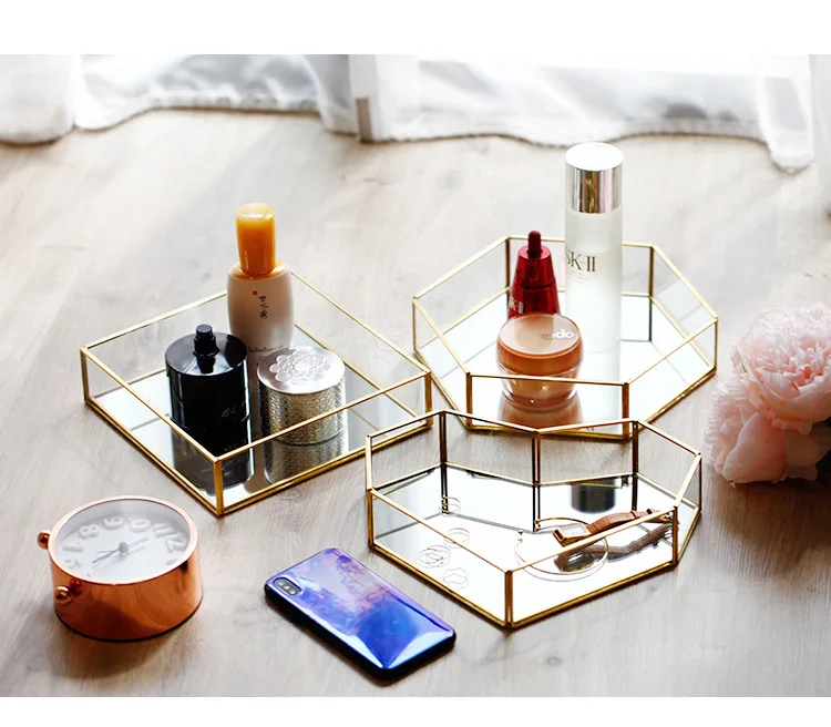  Glass Golden edge Makeup Organizer Jewelry Box Cosmetic Organizer Makeup Box Lipstick Makeup Storag