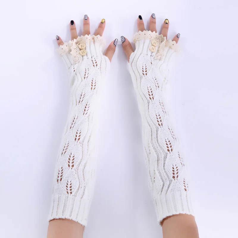 Новые женские кружевные зимние длинные теплые перчатки с рукавами для девочек Однотонные перчатки без пальцев
