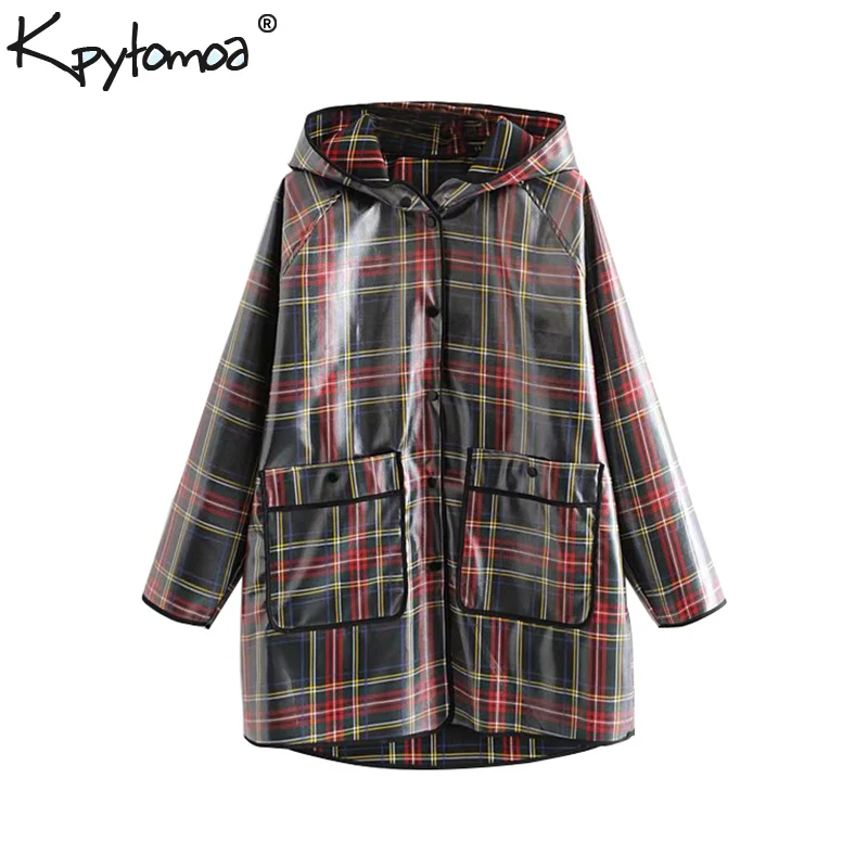 Vintage Chic Pockets Plaid Loose Raincoat Women 2018 Fashion Hooded Collar Long Sleeve Ladies Outerwear Casual Waterproof Coat
