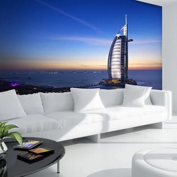 

Wholesale 3d wall mural sofa background murals non-woven mural blue sky Dubai sailing boat murals