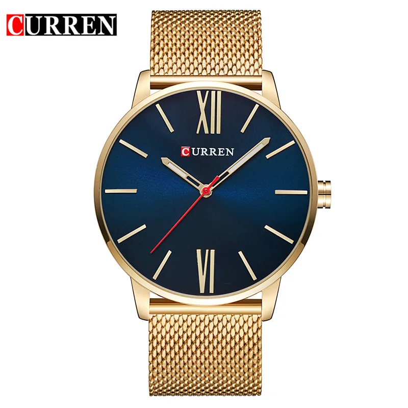 CURREN Мужские часы, Топ бренд, роскошные золотые кварцевые мужские часы, Прямая поставка, сетчатый ремешок, повседневные спортивные мужские часы - Цвет: gold blue
