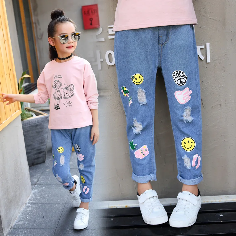 Jeans Girls Kids Pants Cartoon Smile Pattern Printing Children Princess