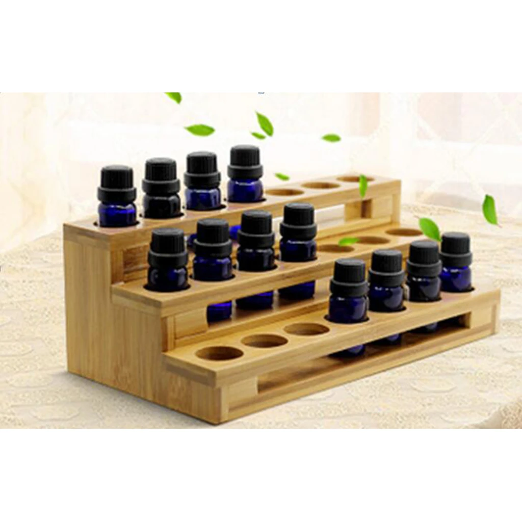 3 Tiers Natural Wood Rectangle Essential Oil Bottles Storage Display Rack