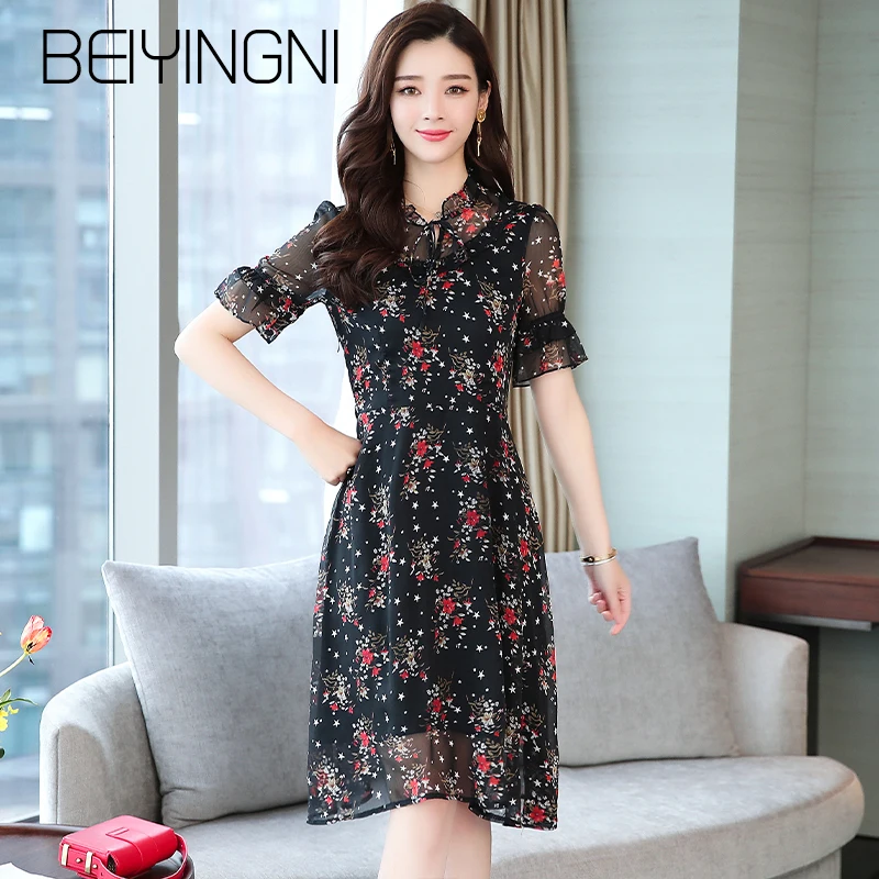 Beiyingni Vintage Black Summer Vestidos Female Chiffon Short Sleeve Printed Midi Dress Korean Ruffles M-XXL A Line Dresses Women Beiyingni Vintage Black Summer Vestidos Female Chiffon Short Sleeve Printed Midi Dress Korean Ruffles M-XXL A Line Dresses Women